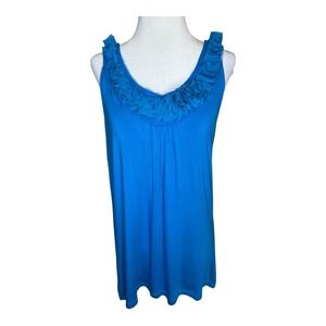 Neiman Marcus Womens Tank Top Large Blue‎ Sleeveless Ruffle Neck Casual NWT
